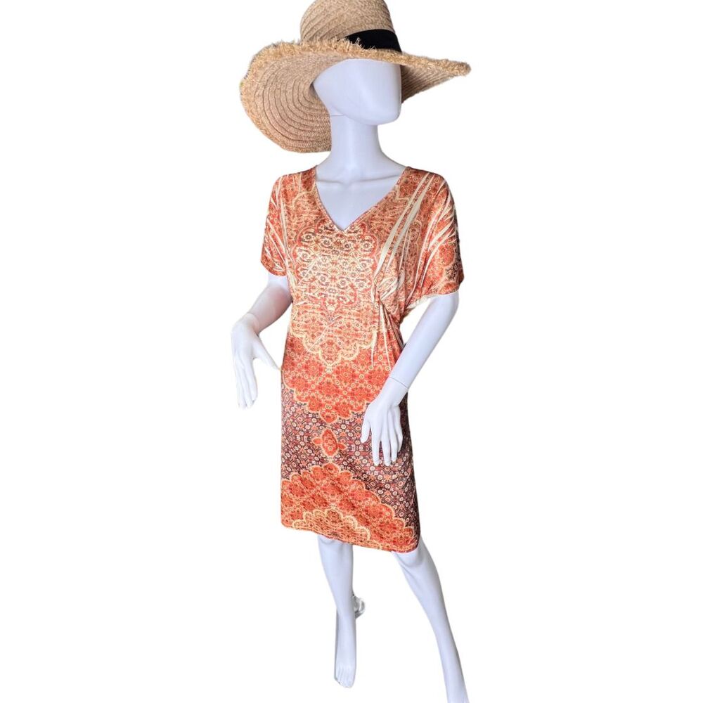 Cato Day Dress L Coral Cream Orange Floral Mandala Casual Festival Boho Dress - Picture 4 of 13